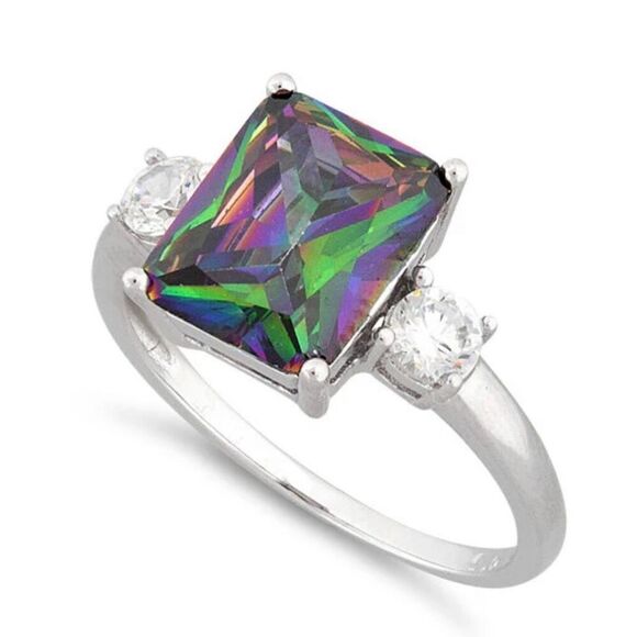 Sterling Silver Triple Rectangular Rainbow Mystic Topaz CZ Ring New - Picture 1 of 4